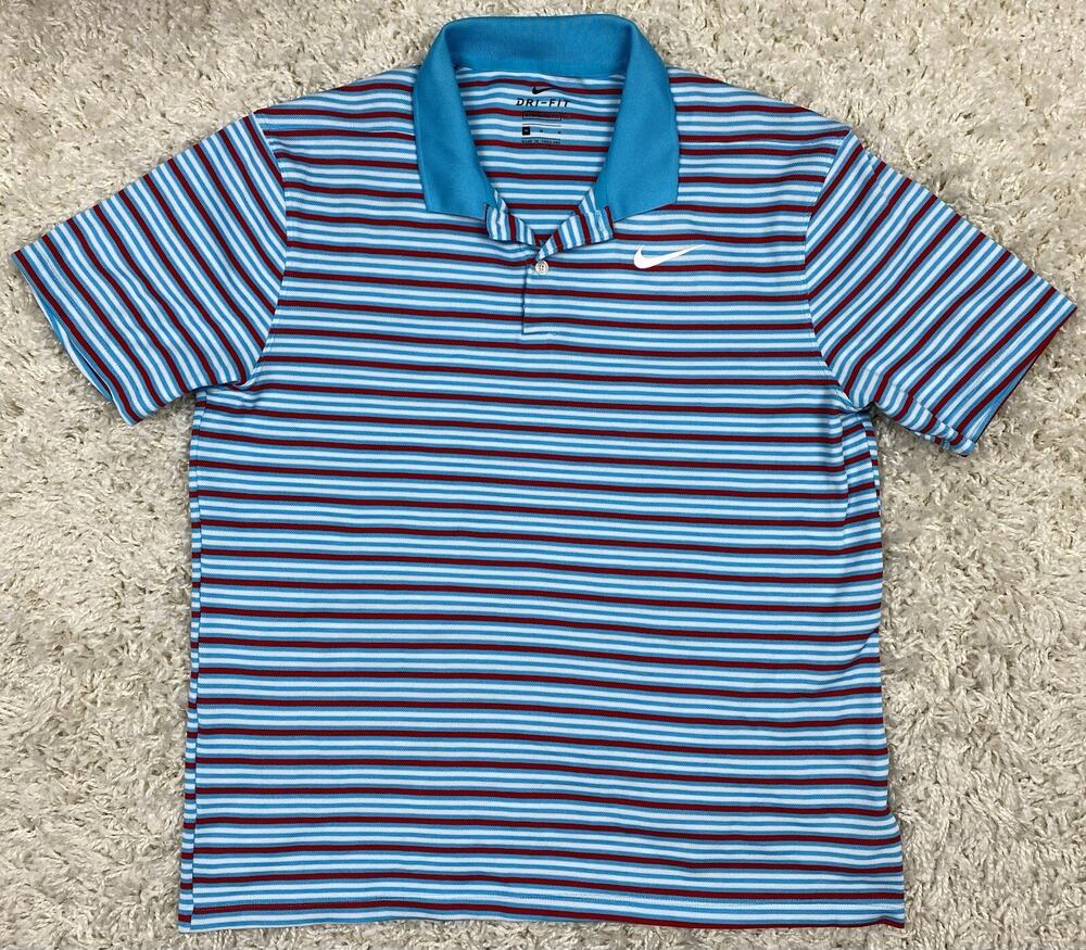 Nike Golf Dri-Fit Polo Shirt Men's Medium Blue White Red Striped Standard Fit